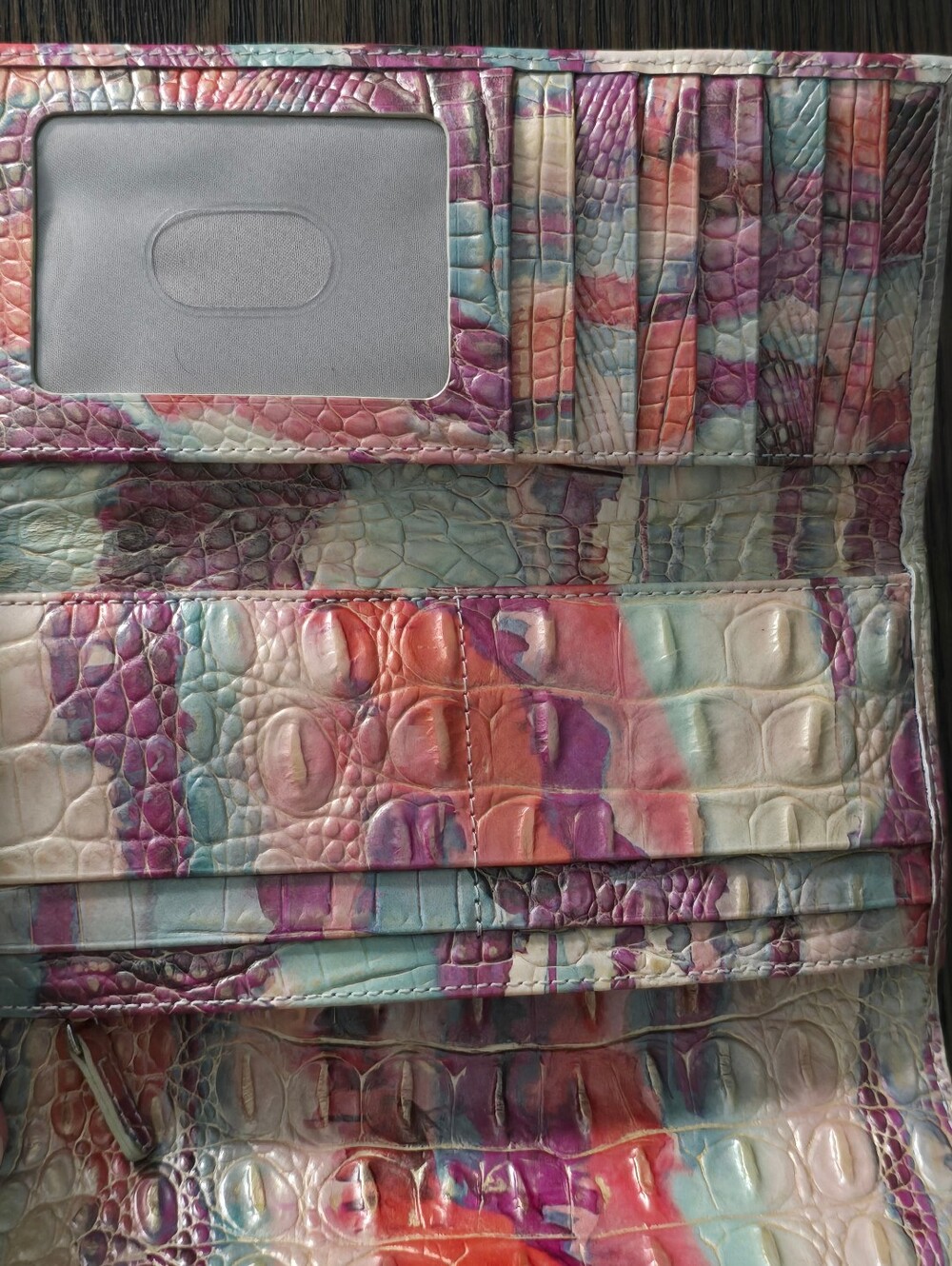 Brahmin Multicolor Croc-Embossed Envelope Wallet in Pink, Teal & Cream With Gold - Picture 9 of 12